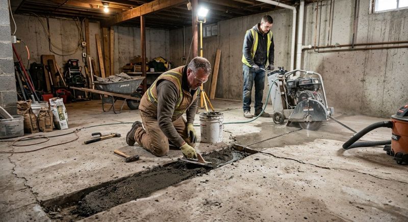 Cracked Basement Floor Repair in Stoneham, MA